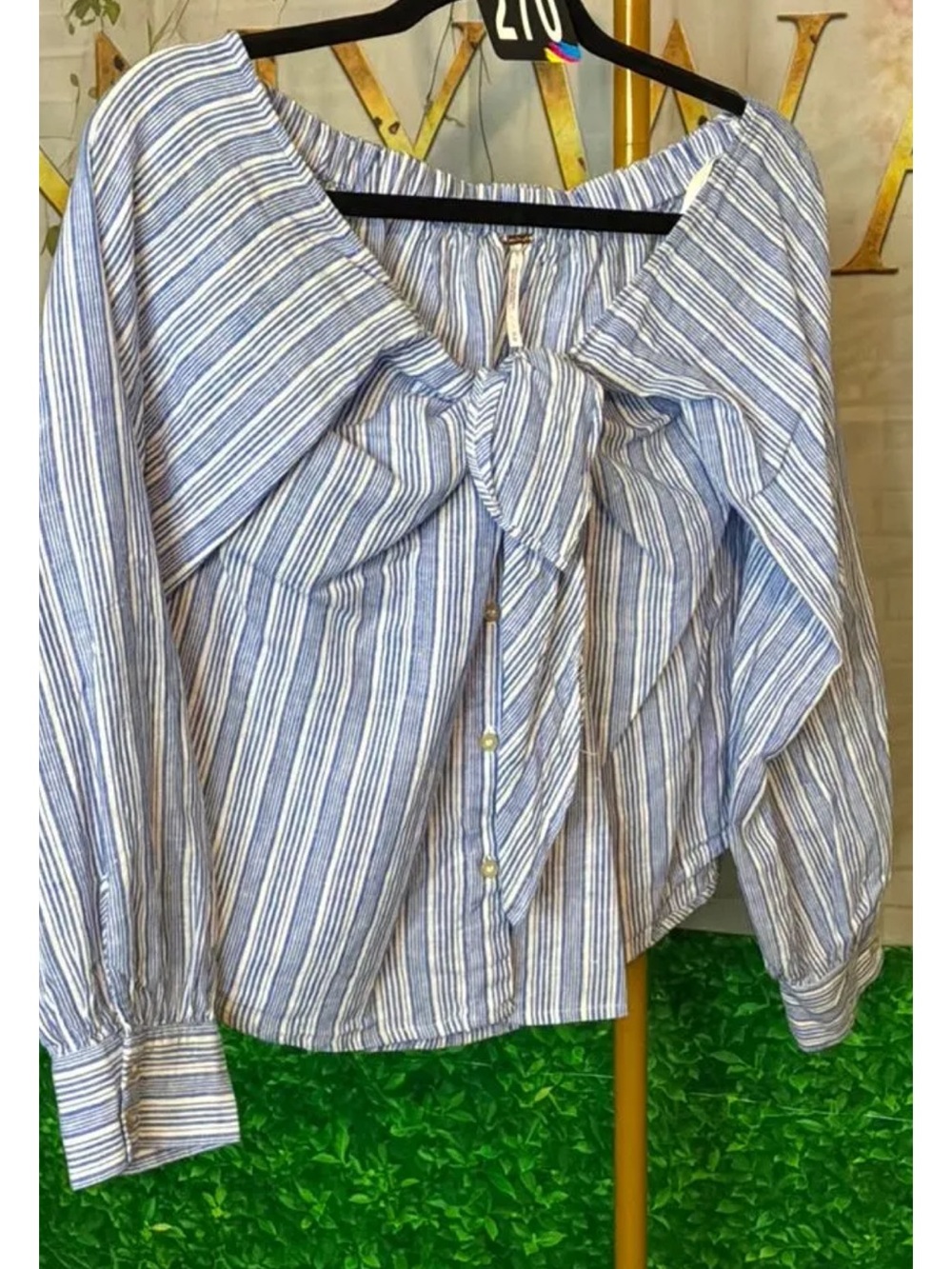 Free People Blue and White Striped Button-Front Tie Detail Top